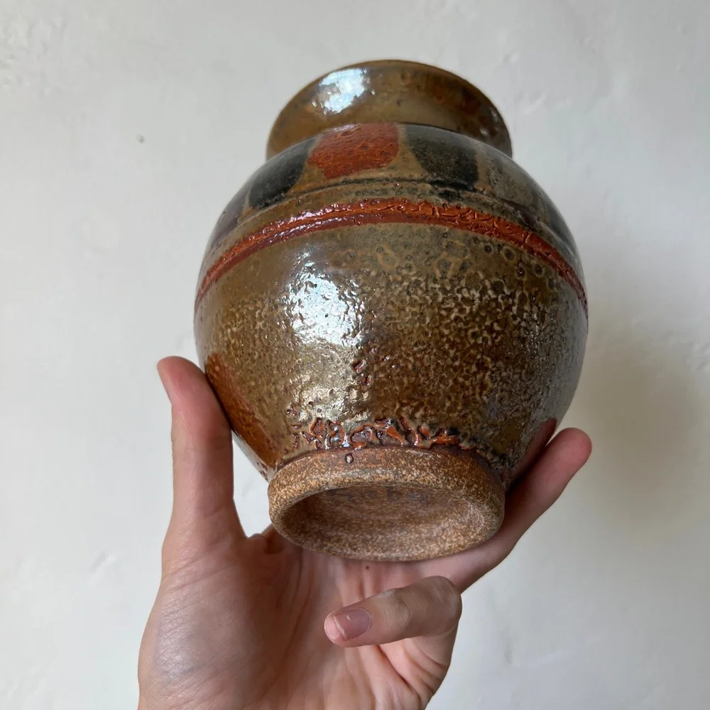 Stoneware hand made vase metallic glaze bronze orange mid century pottery